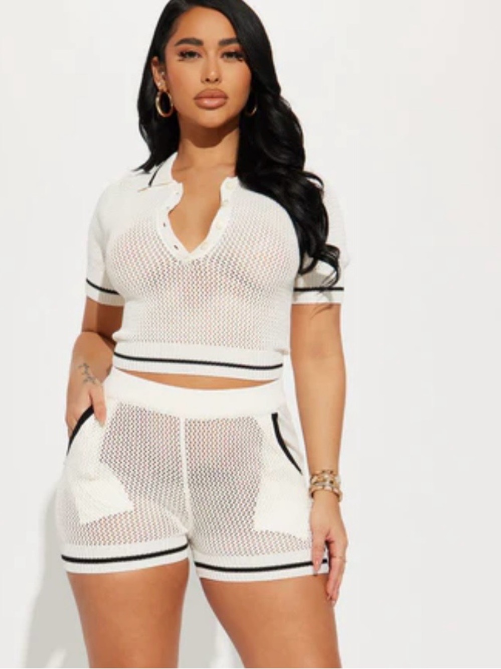 Fashion Nova White Mesh Two-Piece Polo Crop Top & Shorts Set with Black Trim